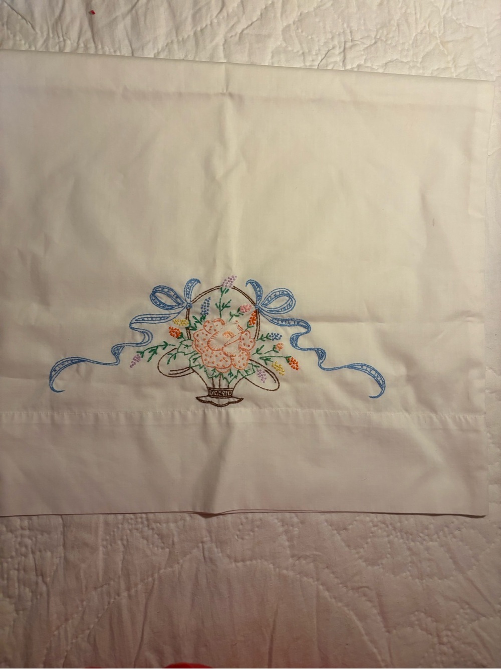 Embroidered Floral Pillowcase with Blue Ribbon Motif